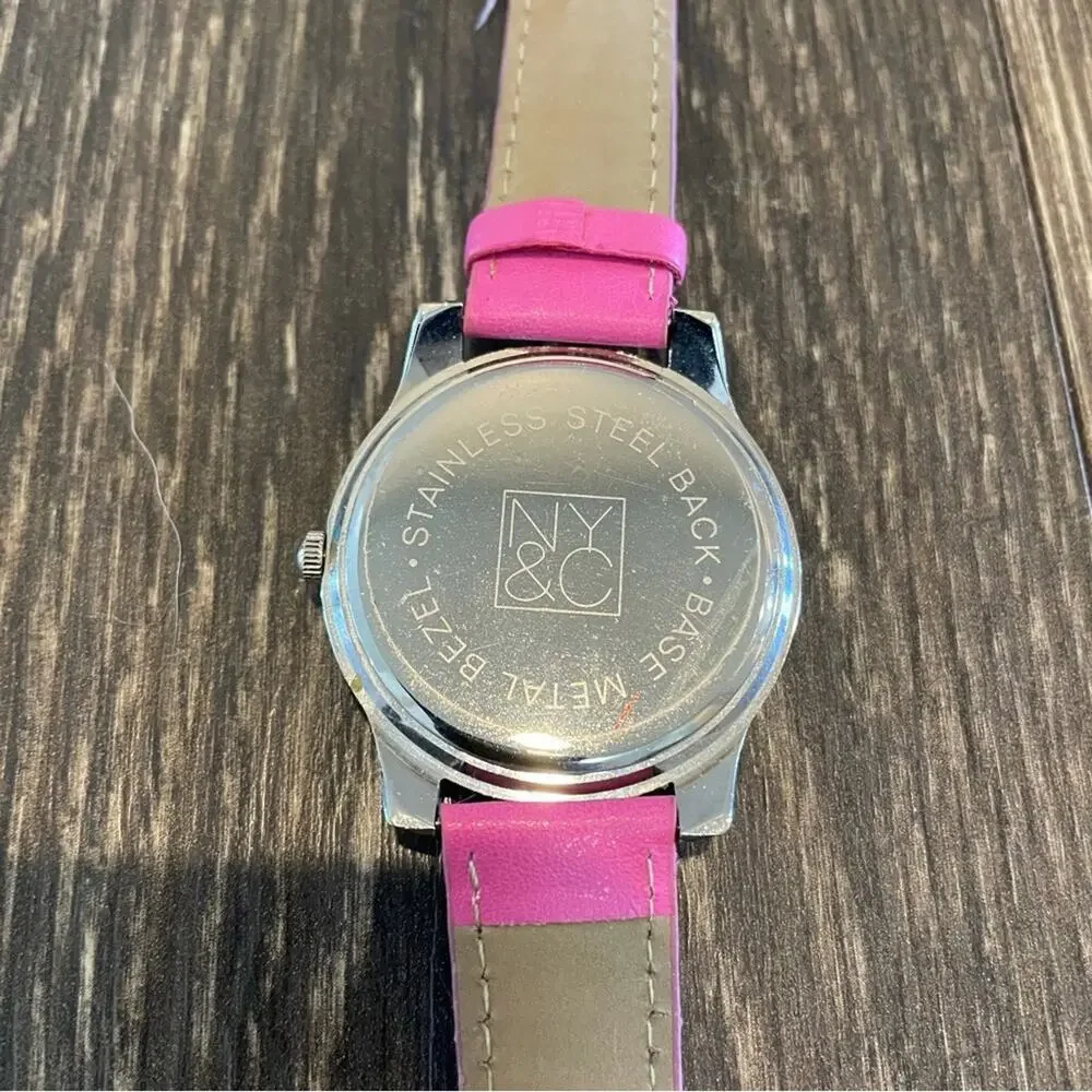 NY&CO Bright Pink Leather Band Watch w/ Rhinestone Face